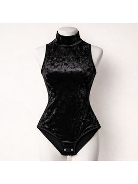 NWT Black Crushed Velvet Mock Neck Bodysuit | Quiet Luxury Soft Grunge Small